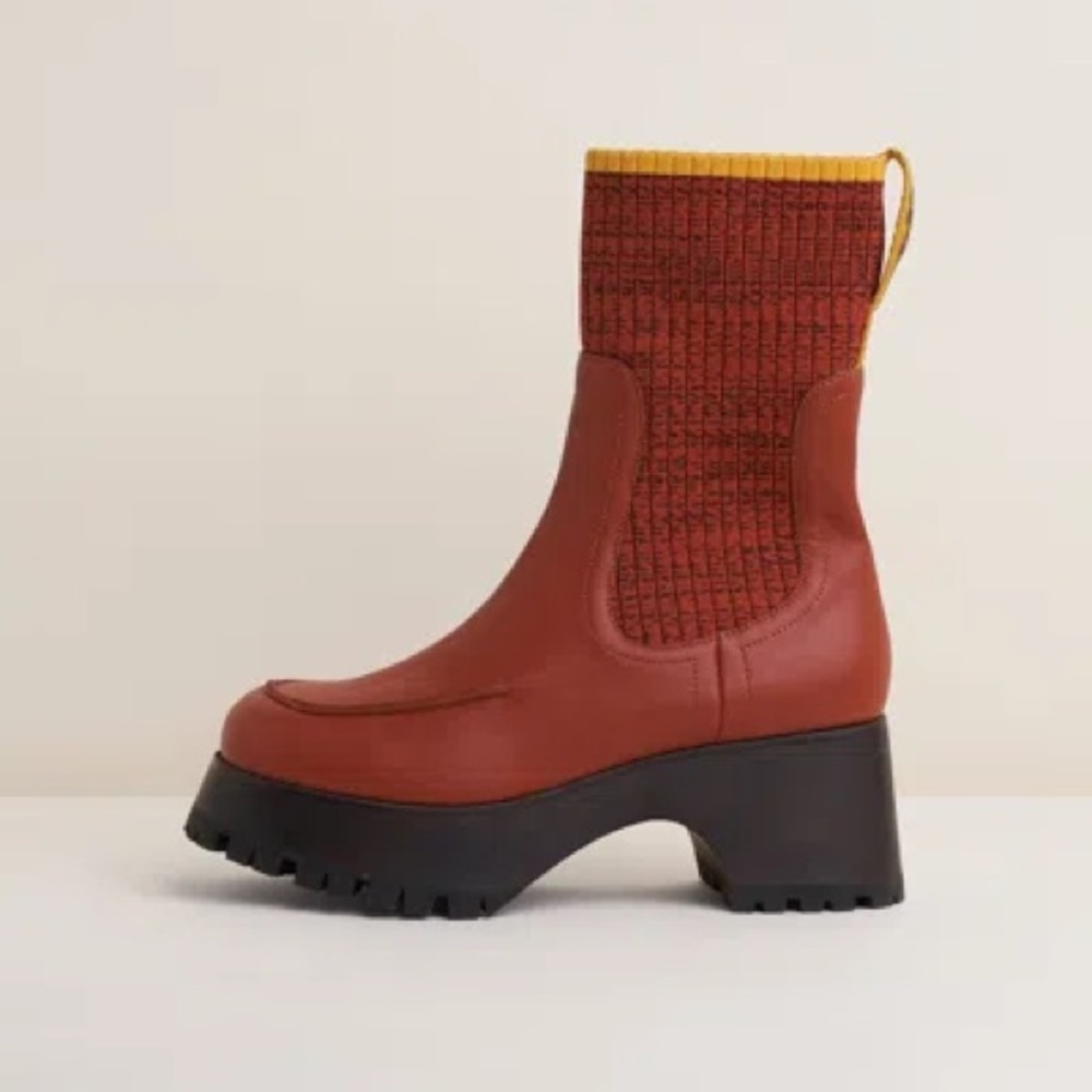 Charlotte Stone Rust Red and Mustard Knit Platform Chelsea Boots